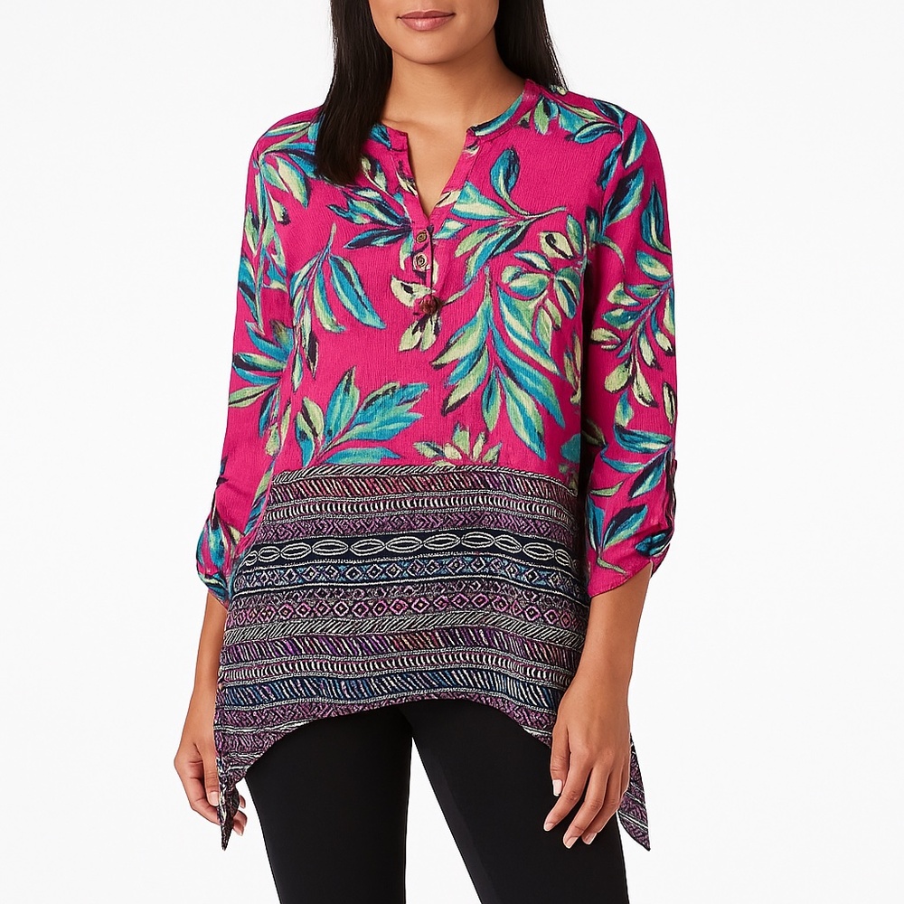 Rafaella Floral Mixed Print Boho Tunic Blouse Pink Green Small
